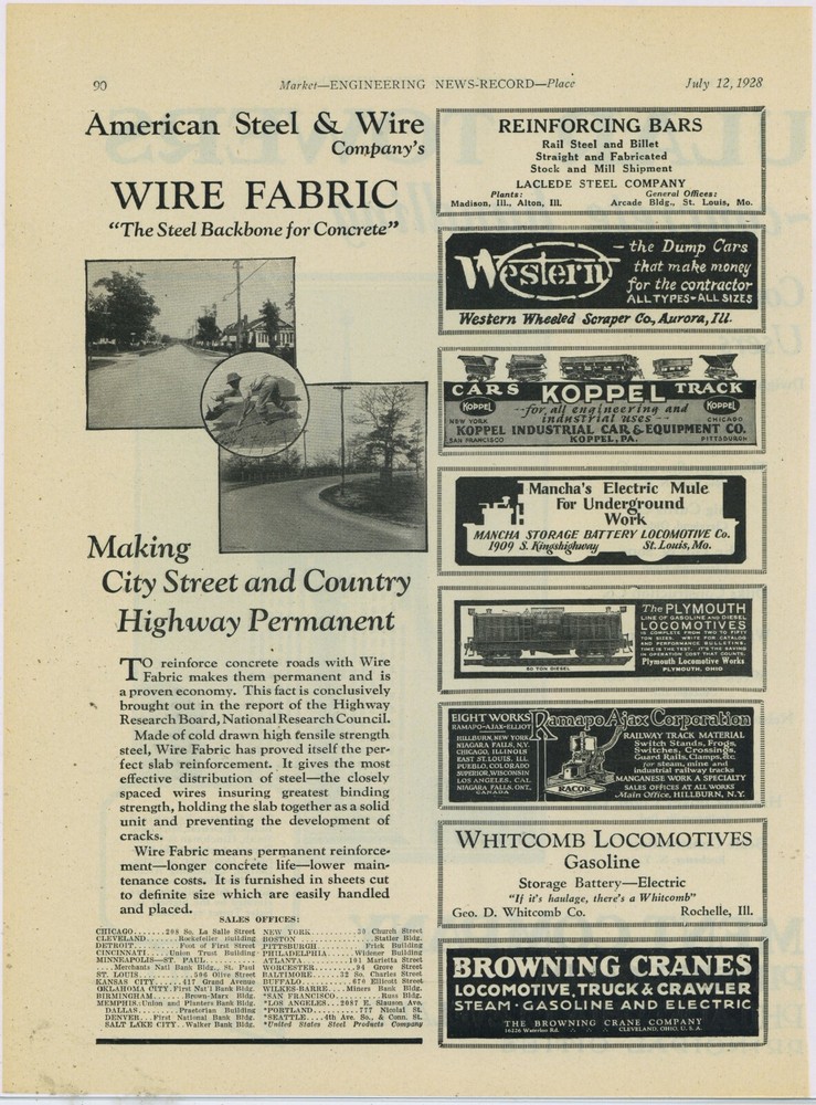 1928 Whitcomb, Plymouth, Mancha, Locomotives Ads, All on Same Page. Koppel ++