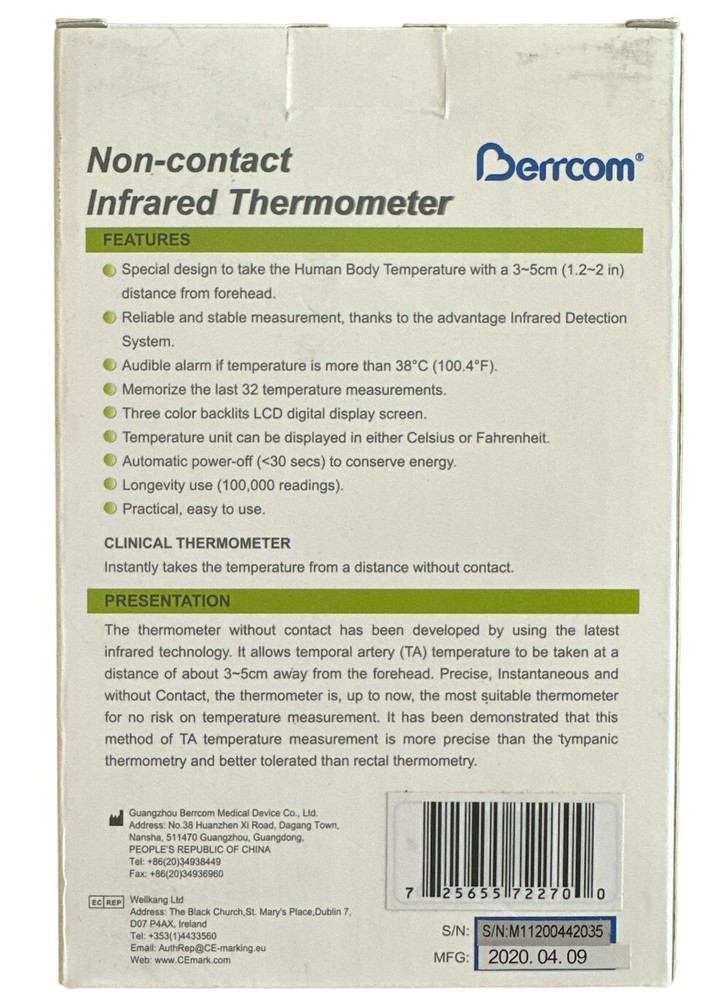Berrcom Non-Contact Infrared Thermometer, 1-second testing, Quick, Accurate