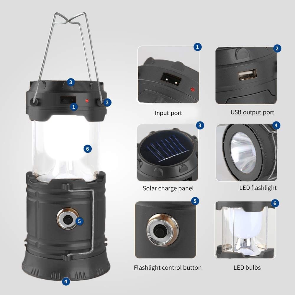 LED Camping Lantern, Solar and Rechargeable Lantern Flashlight Black