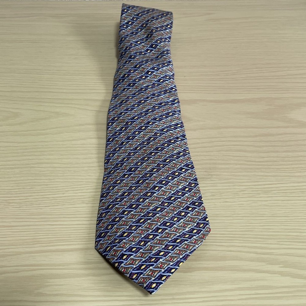 HERMES Navy Green Micro Diamond Stripe Pattern Tie