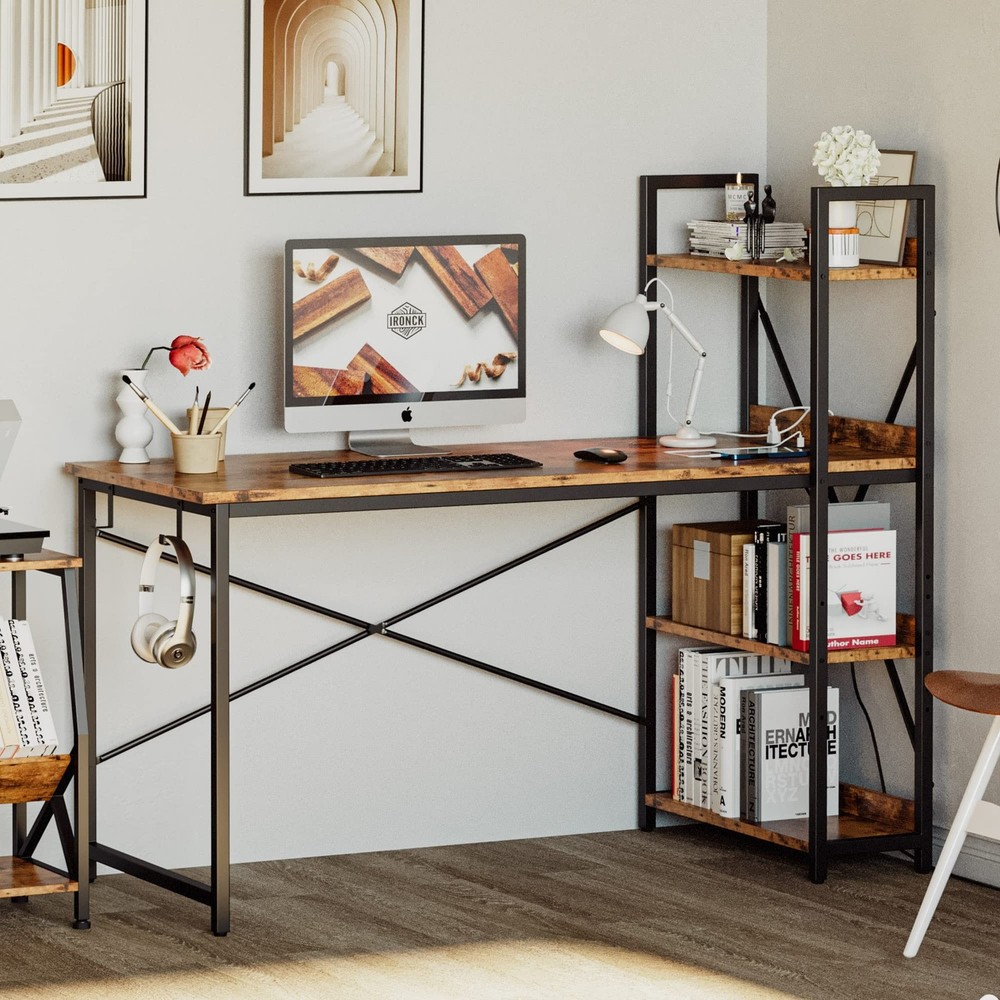 IRONCK Computer Desk 55" with Power Outlet and Storage Shelves, Study Writing...