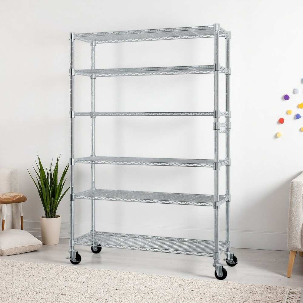 6-Tier Rolling Wire Shelving Unit - Heavy Duty, Adjustable, Hooks & Silver