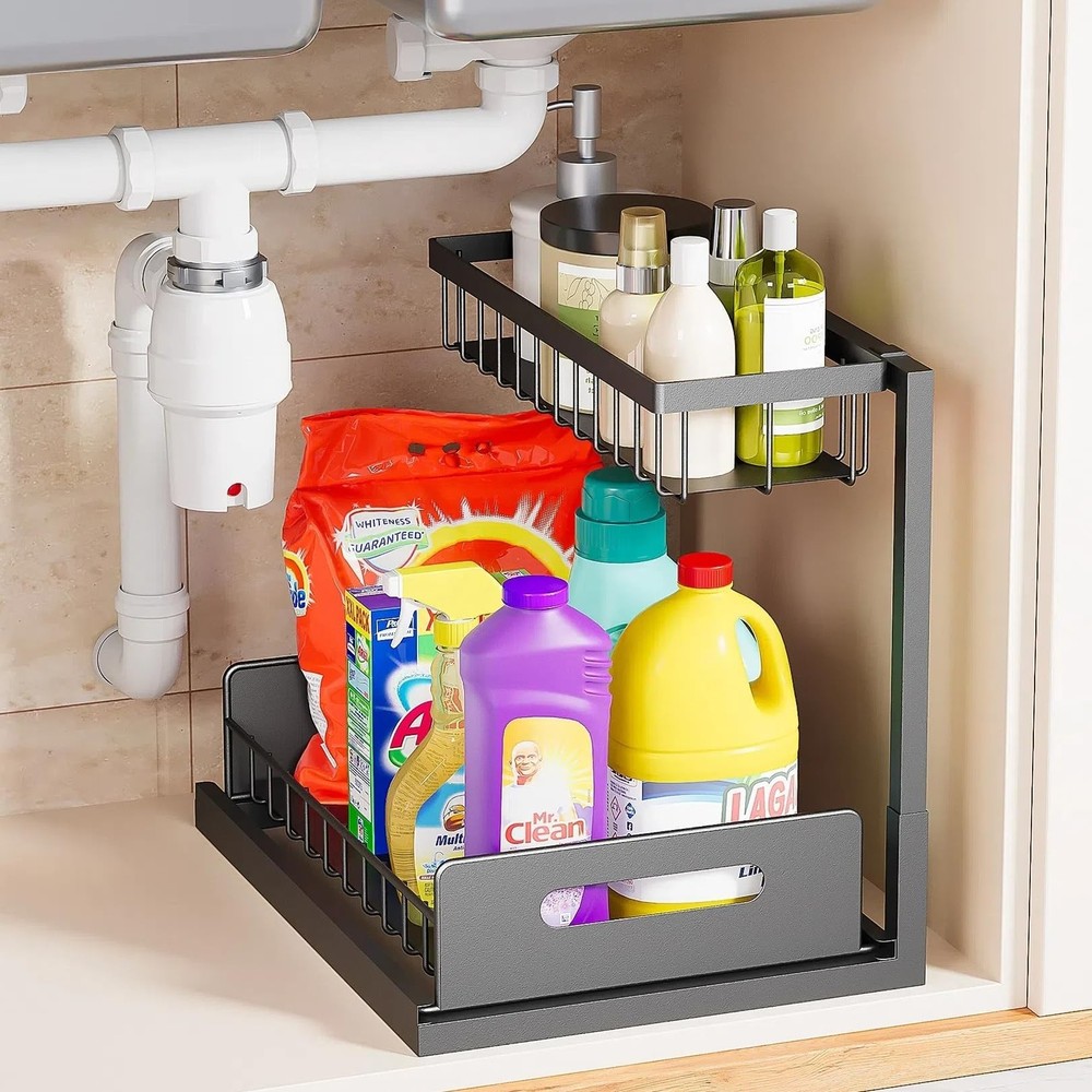 VUSIGN Under Kitchen Sink Organizer 2 Tier, Pull Out Under Sink Organizers an...