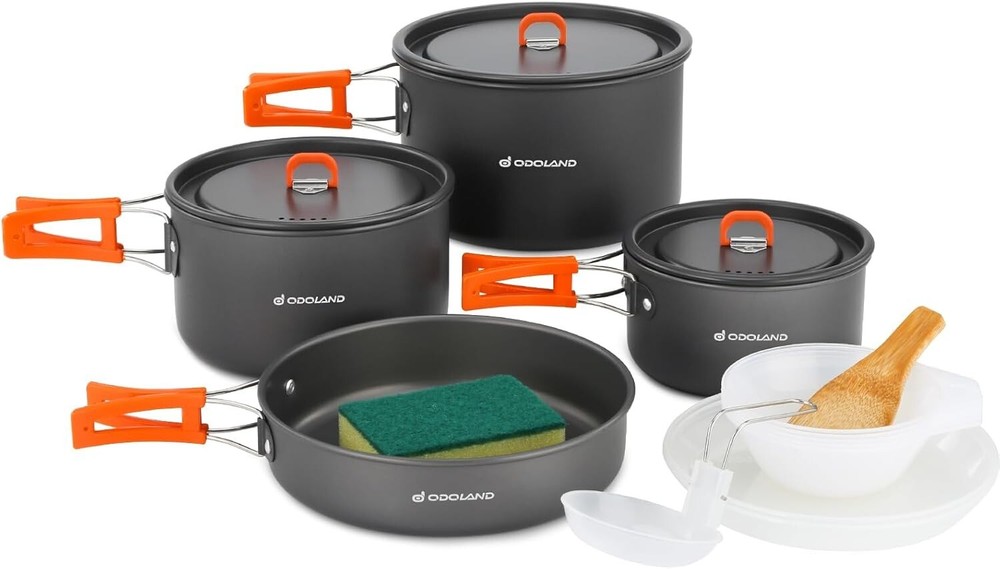 Compact 15pcs Camping Cookware with Folding Handles - Perfect for Hiking
