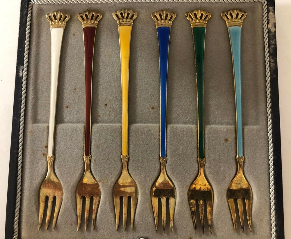Egon Lauridsen Denmark Six Sterling Silver Enameled Forks