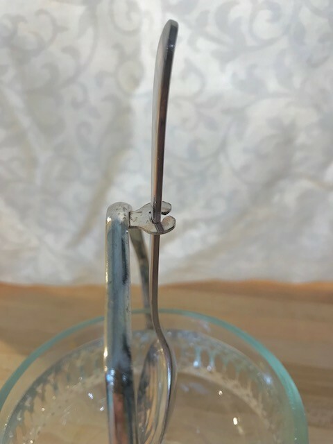 Leonard Silver silverplate and crystal jam dish with spoon, original packaging.