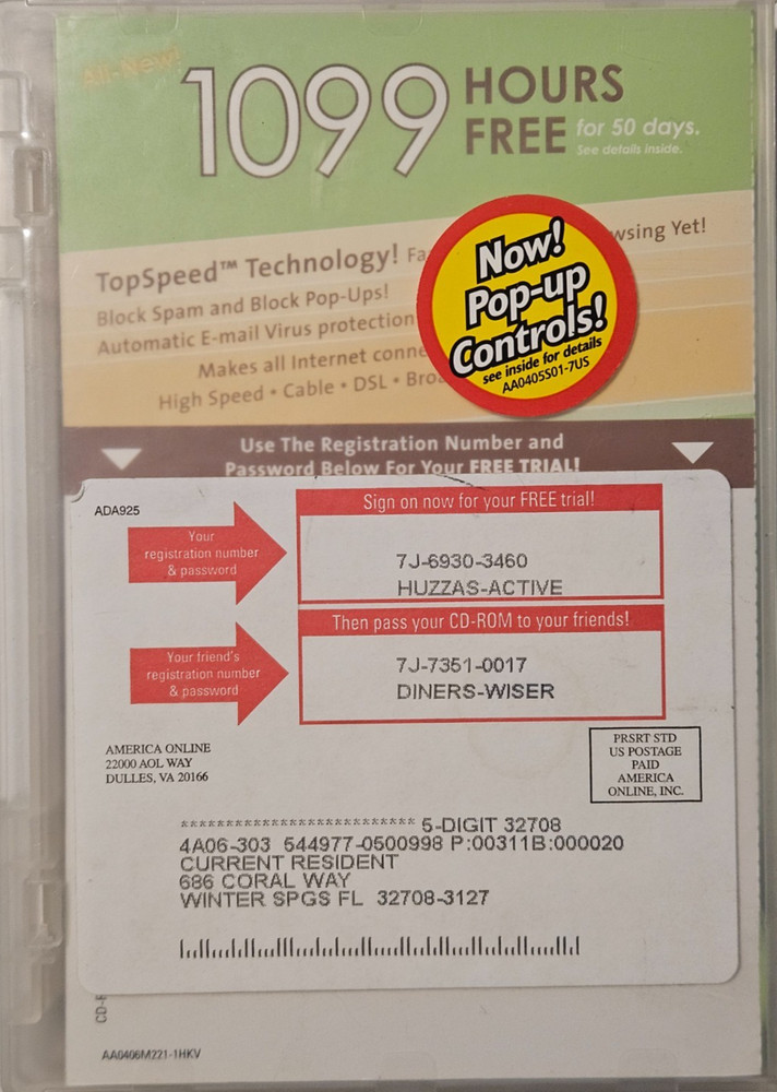 AOL 9.0 Optimized CD-Rom in DVD Box 1099 hours free pop-up controls!
