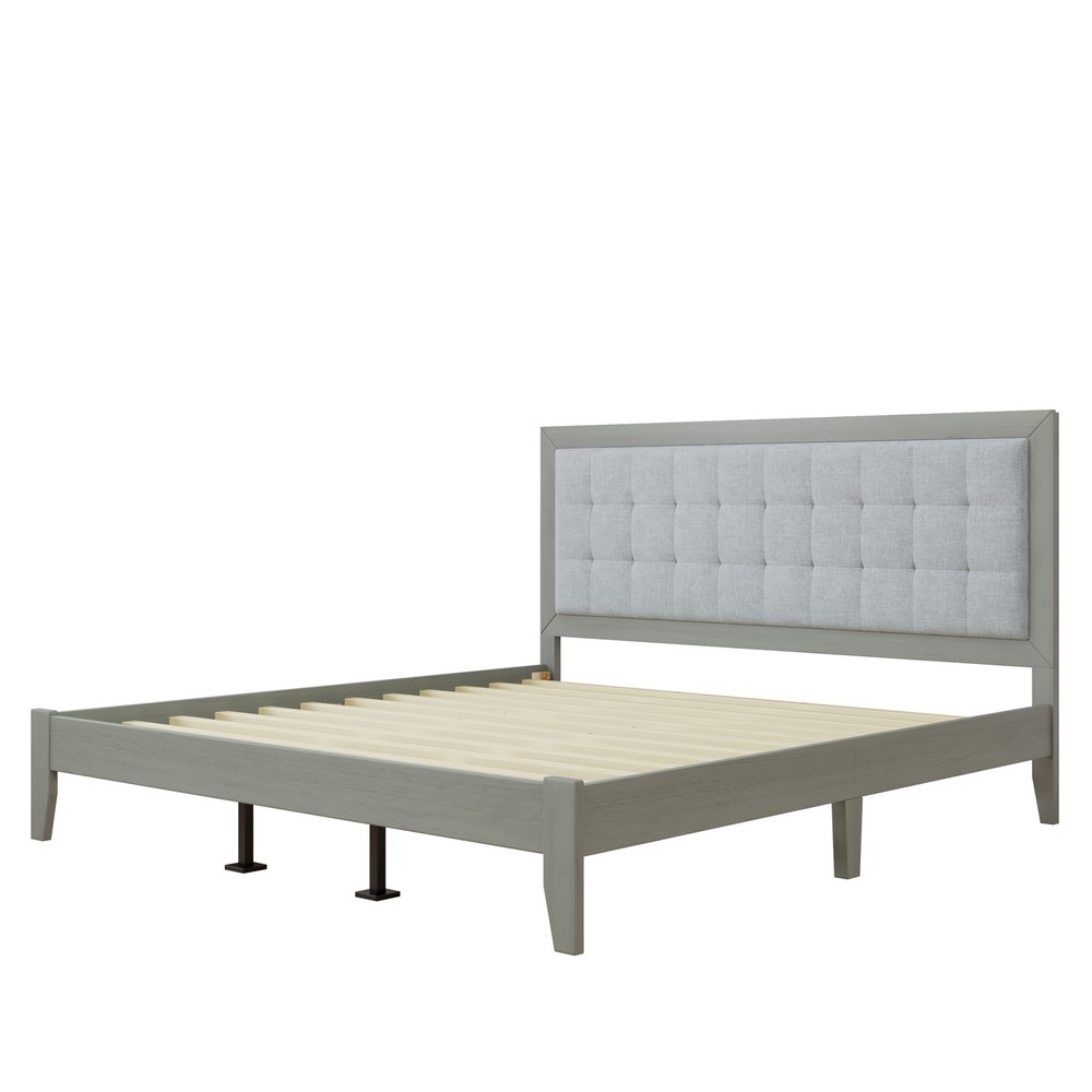 California King Bed Frame Solid Wood Upholstered Panel Headboard Gray