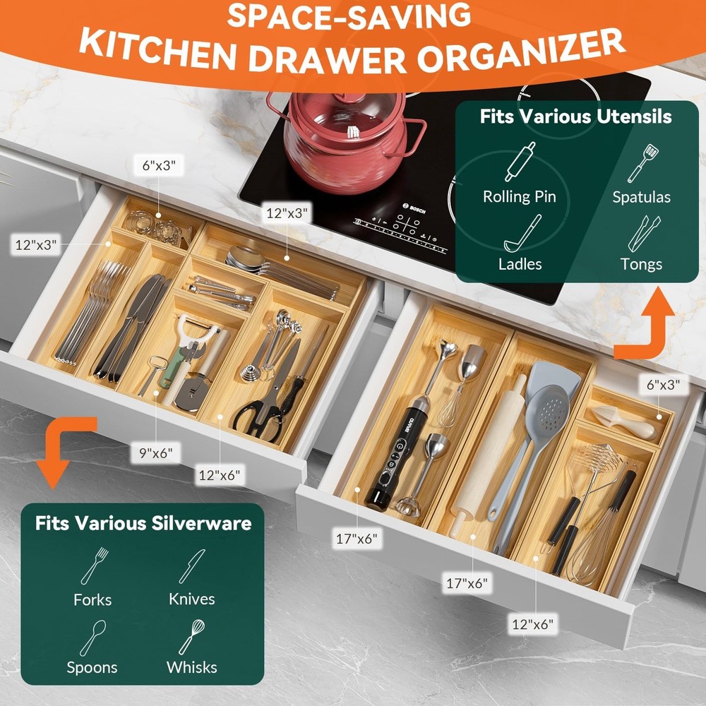 Bamboo Kitchen Drawer Organizer, Stackable Utensil Holder Silverware Organize...