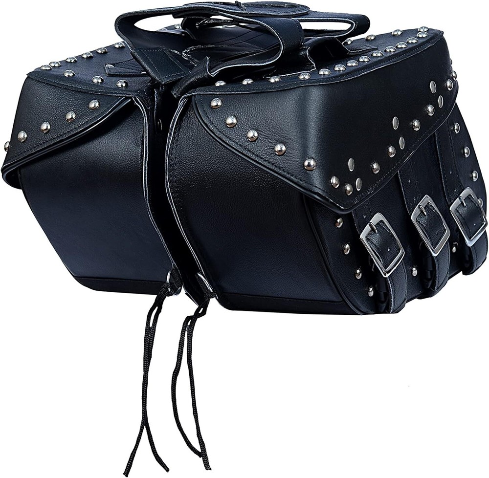 Genuine Leather Motorcycle Saddlebags Set Black Detachable & Quick Release Strap