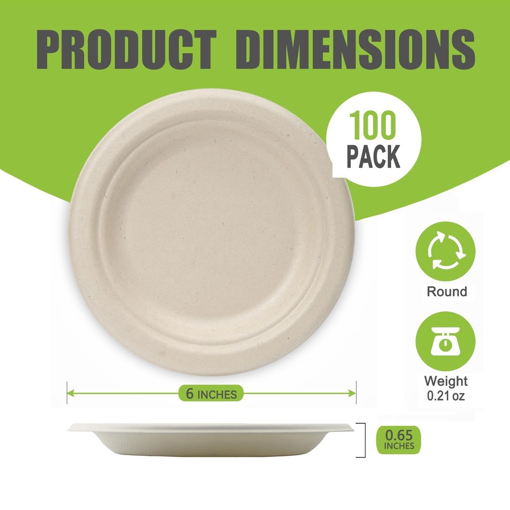 6 Inch Small Paper Plates Disposable - Biodegradable Compostable Appetizer Pl...