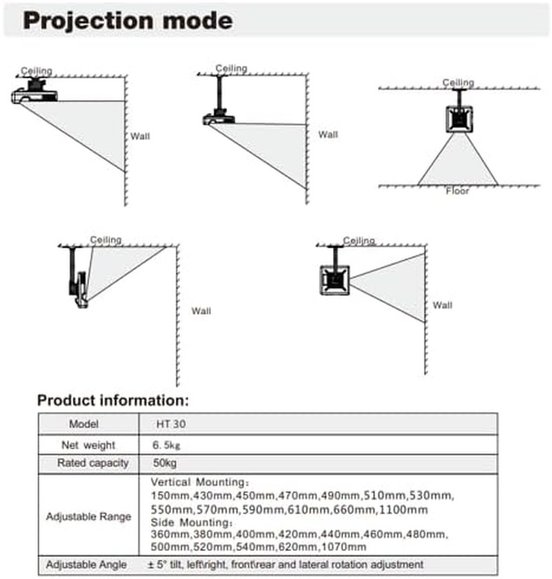 ,Projector Celling Mount with Universal Mounting Plate-Ht30-Blk,Mounting Type: V