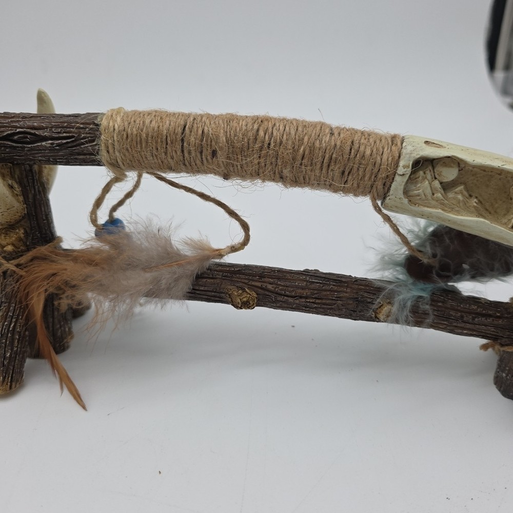 Decorative tribal tomahawk axe primitive bone handle feather display stand