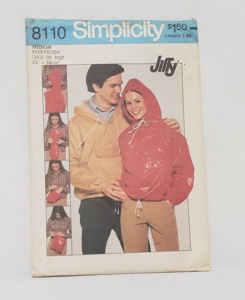 Hooded Pullover Top Unisex Sewing Pattern 8110 Simplicity 1977 Size Medium Uncut