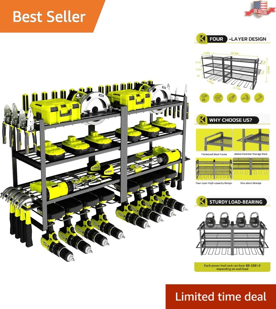 Power Tool Organizer - 4 Layer Garage Tool Storage Rack with Drill Holder
