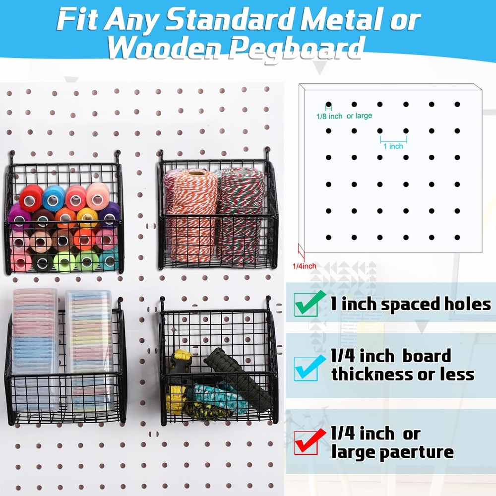 6 Pack Black Pegboard Baskets Metal Wire Shelf Baskets Peg Board Organizer Wa...