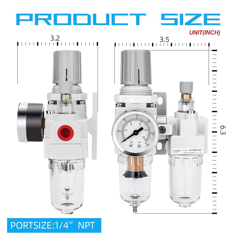 3-in-1 Compressed Air Filter Regulator Lubricator Combo - Polycarbonate Bowl