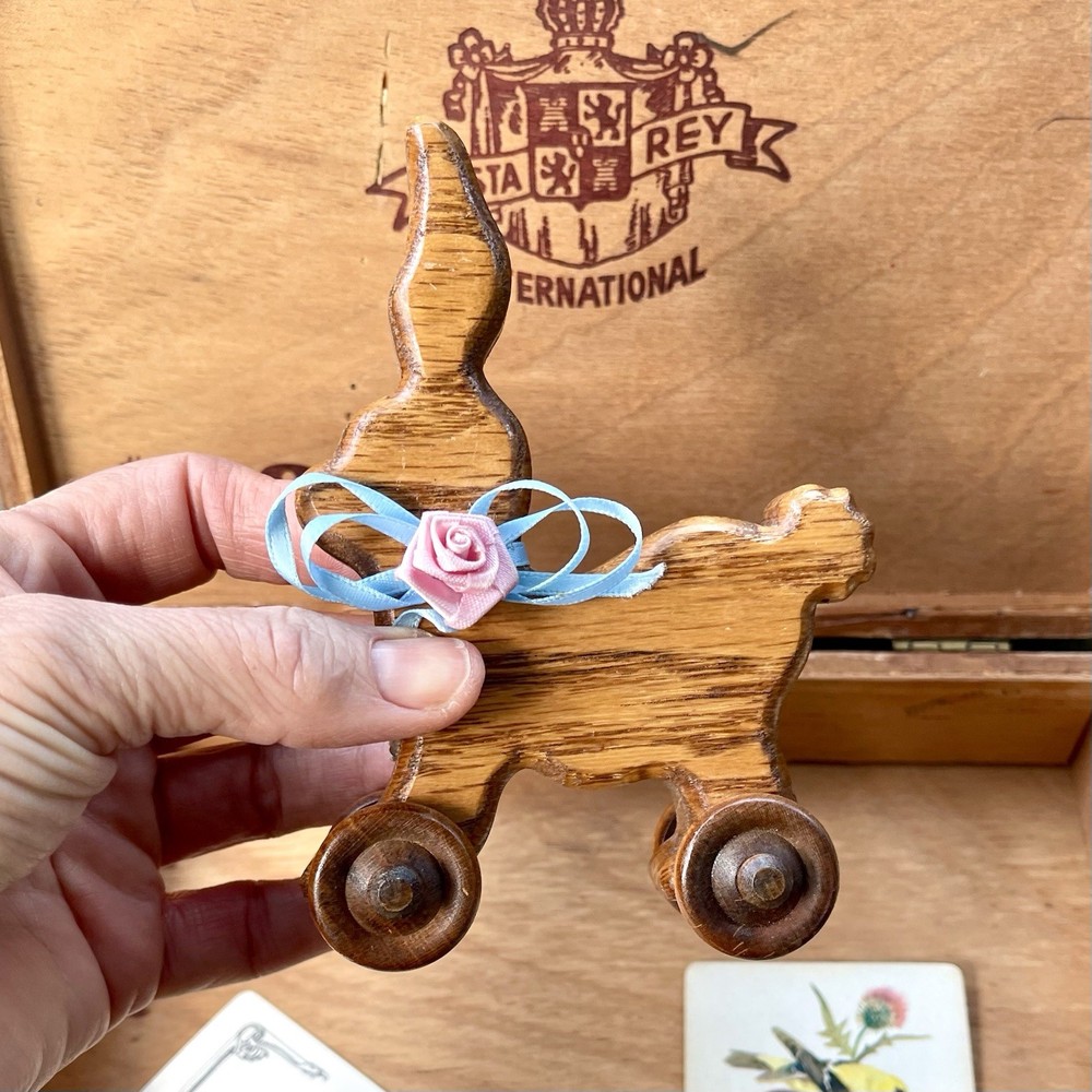 Vintage Wooden Bunny Rabbit Rolling Push Toy Missing Pull String Nursery Decor