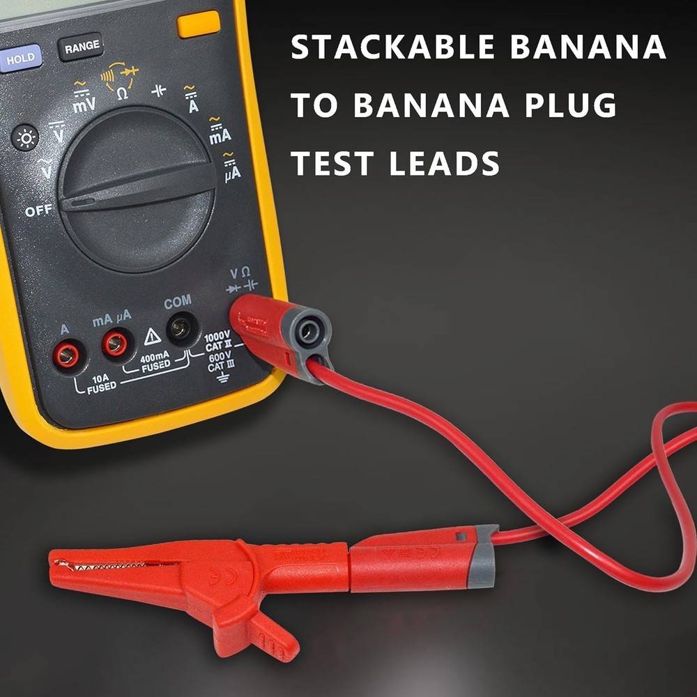2-Pack Red & Black Stackable Banana Plug Leads for Multimeter & Circuit Testing