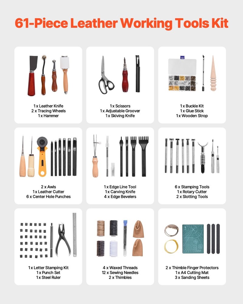 VEVOR Leather Working Tools Kit,61 PCS Leather Craft Tools with Portable Canvas
