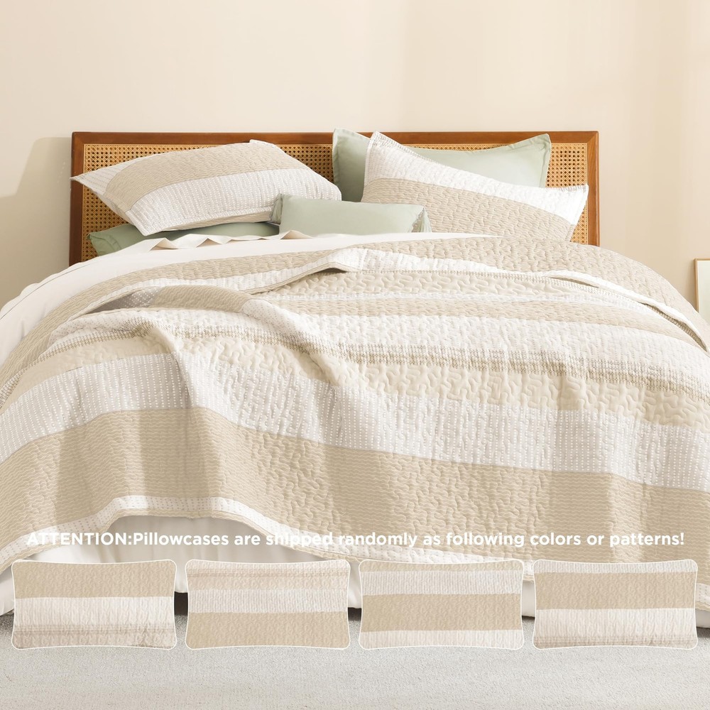 Litanika King Size Quilt Beige Stripe Patchwork Summer Bedspread Coverlet 3 Piec