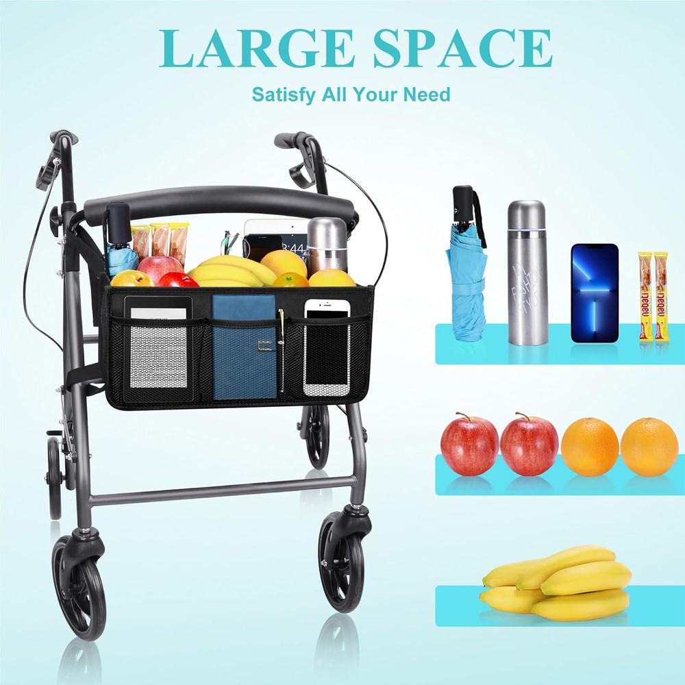 Rollator Basket with Cup Holder, Easy to Use Rollator Accessories Folding Storag