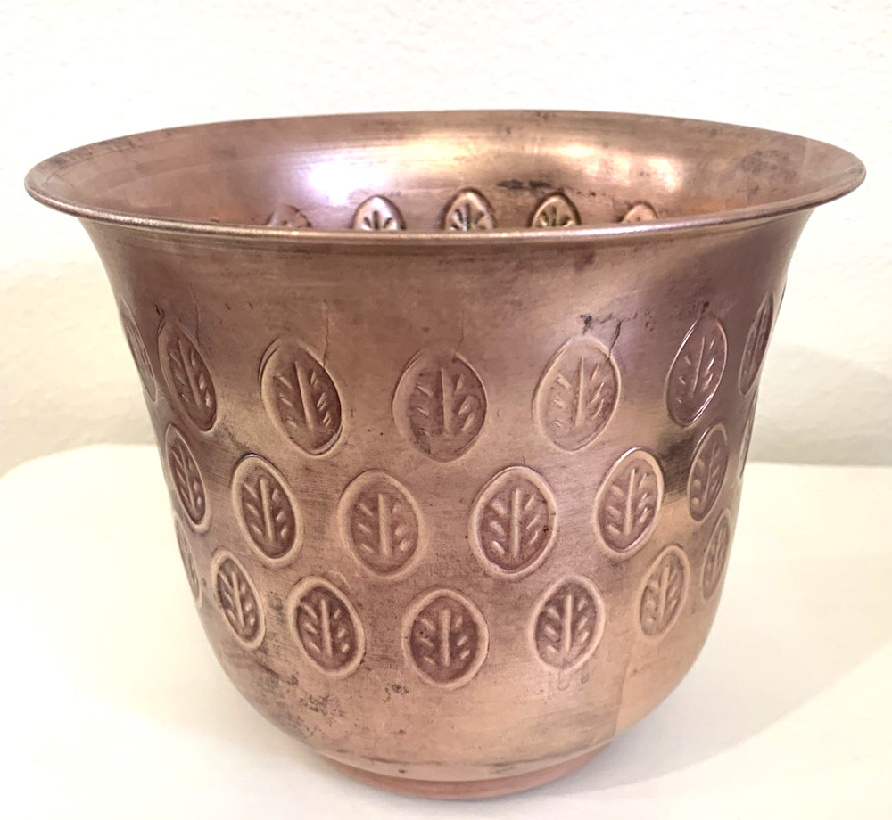 Antique Solid Copper Flower Planter With Stamped Leaf Design 6”