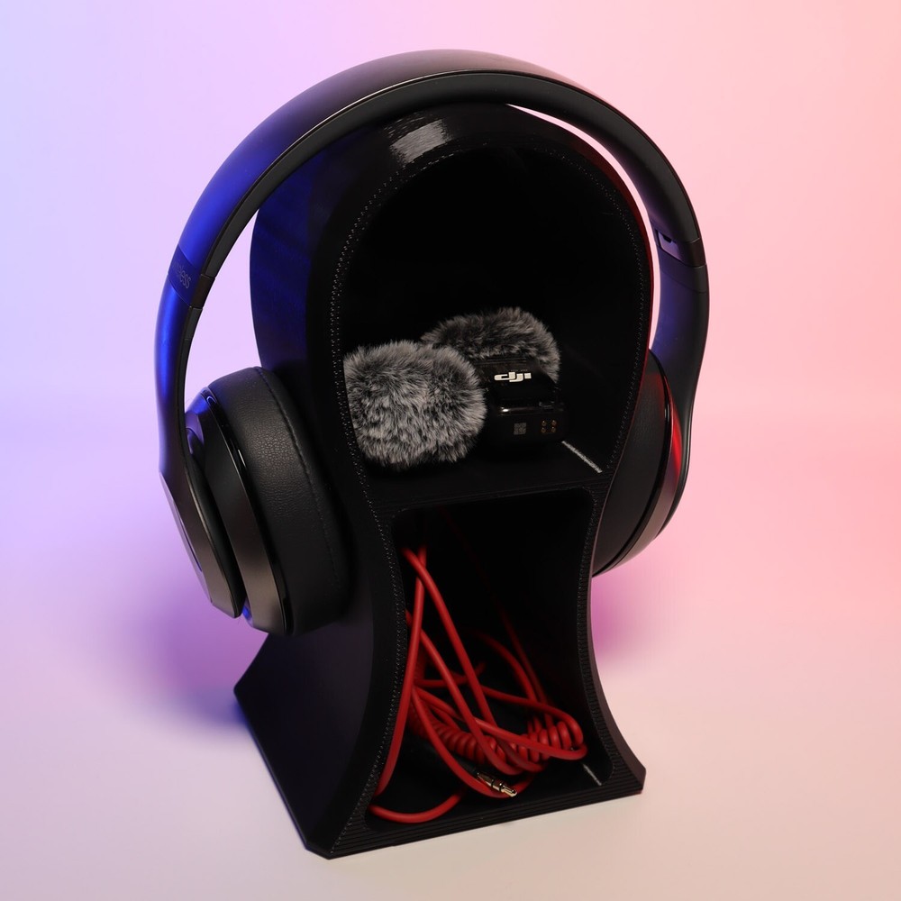 Headphone Stand with Storage Compartment, Black, Dual-Level Design