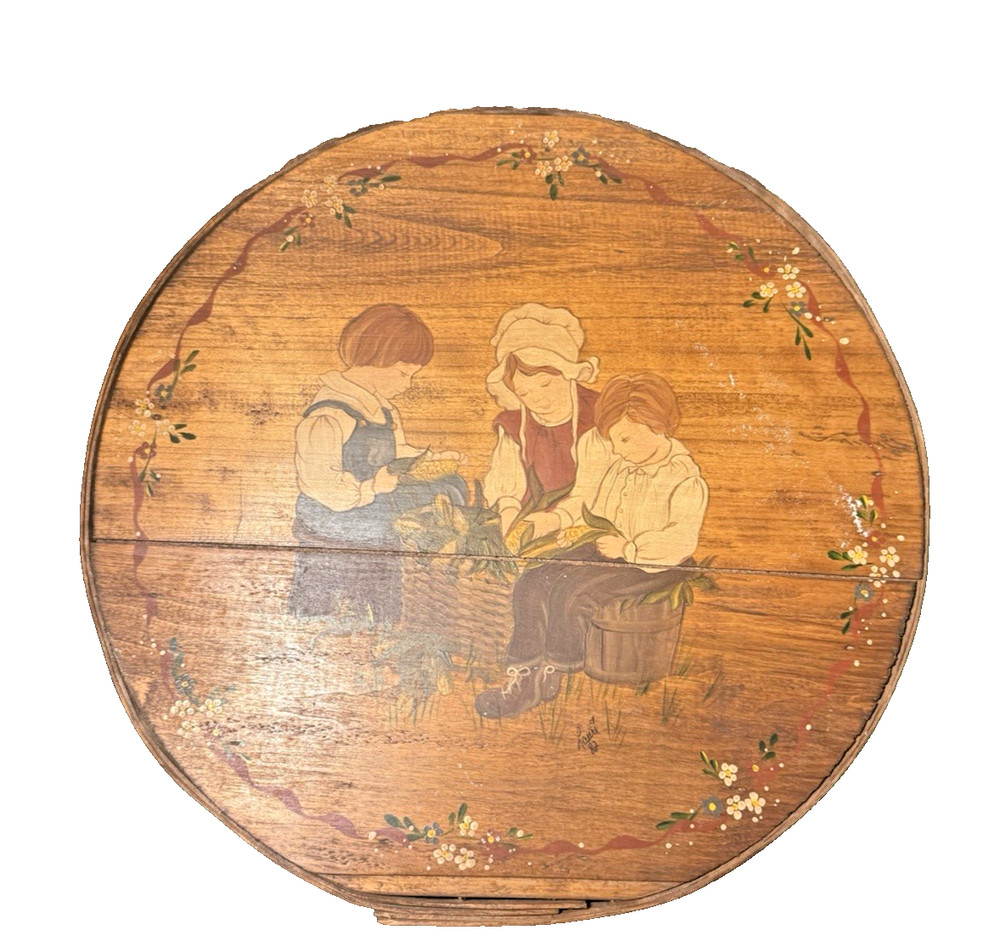 Vintage Large Round Sewing Box Painted Lid Padded Insert