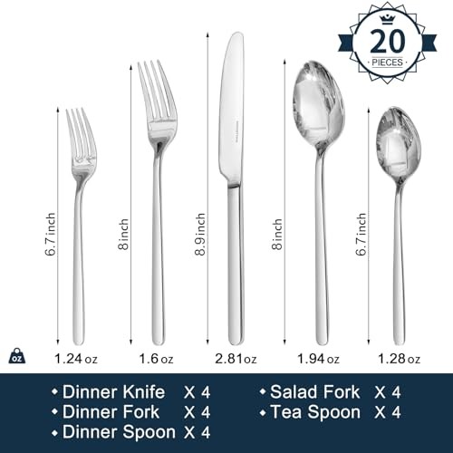 ware Set, 20 Piece Flatware Cutlery Set for 4, 18/10 20 pieces for 4 Silver