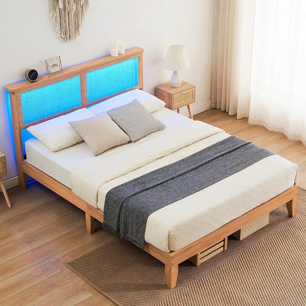 Rattan Queen Platform Bed Frame with Rattan Headboard and Led Light Slat Support