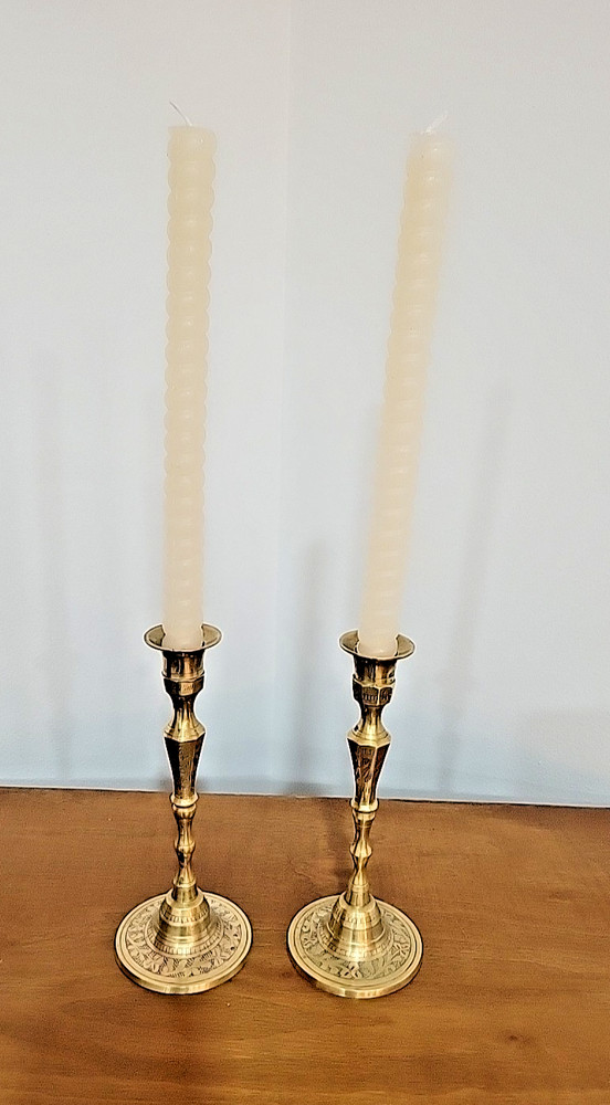 Vintage Brass Etched & Painted Candlesticks 8.5 inches
