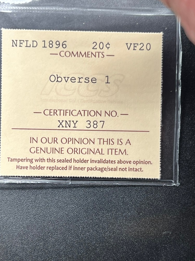1896 NFLD 20 cent Graded ICCS VF-20