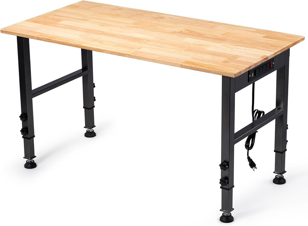 48" Adjustable Workbench, 2000LBS Capacity, Rubber Wood Top, Power Outlet