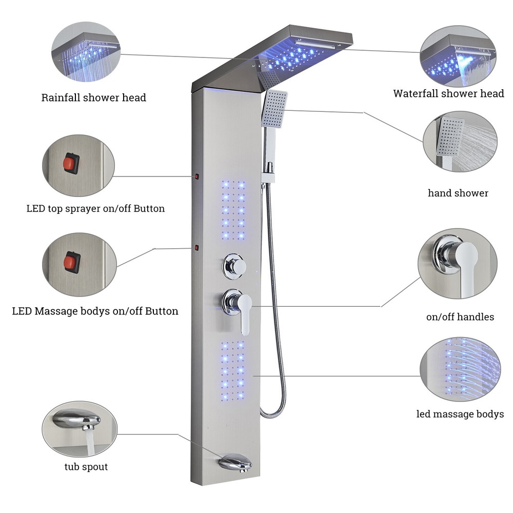 LED Shower Panel Tower System Rain&Waterfall Massage Body Jets Brushed Nickel