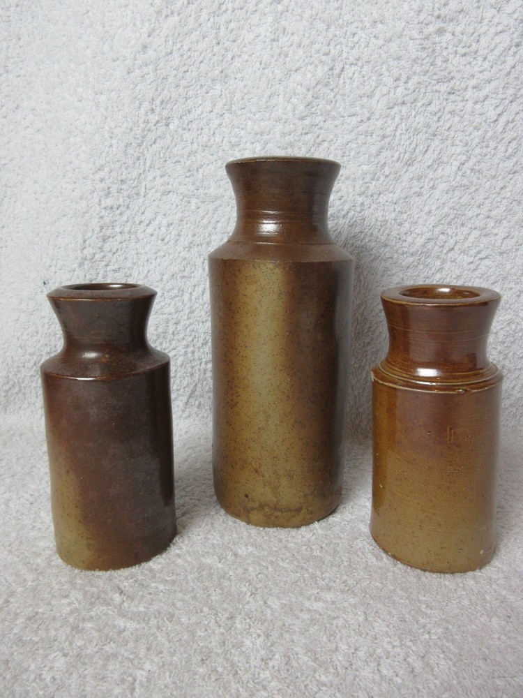 3 Vintage Brown Heavy Ceramic Stoneware Bottles