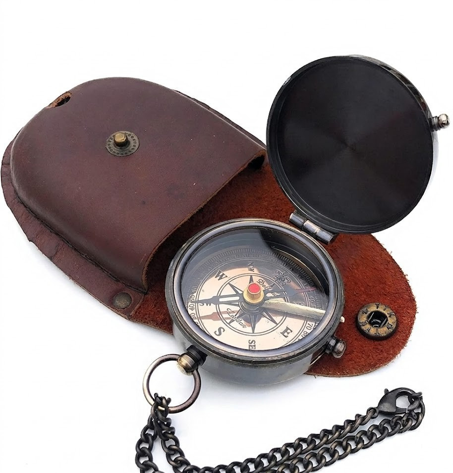 Maritime Treasures Brass Compass with Engraved Message and Leather Case