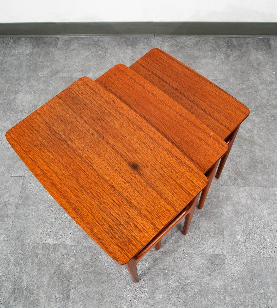 Mid Century Danish Modern Nesting Tables Solid Teak Set 3 Denmark Cane Vintage