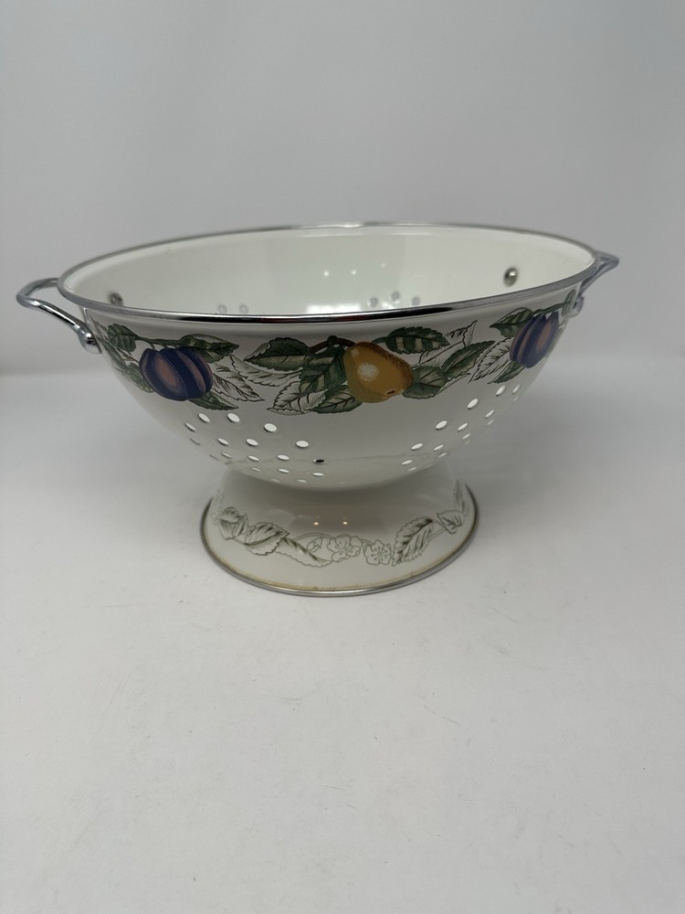 VTG White Enamel Colander Fruit Pattern