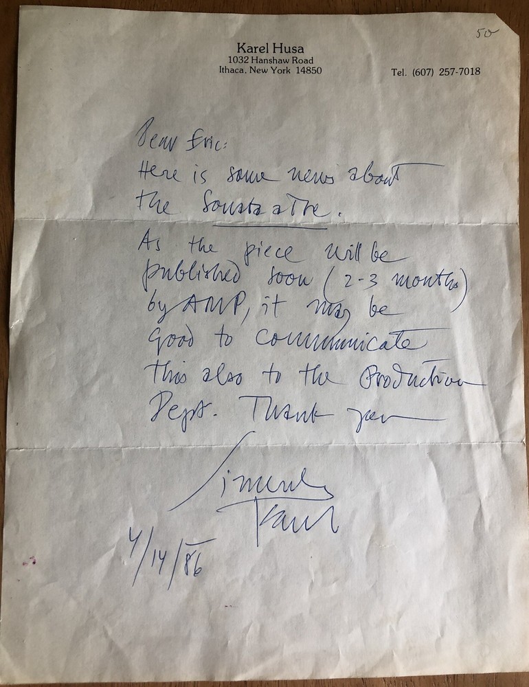 Czech Composer Karel Husa Autographed Letter (Handwritten)