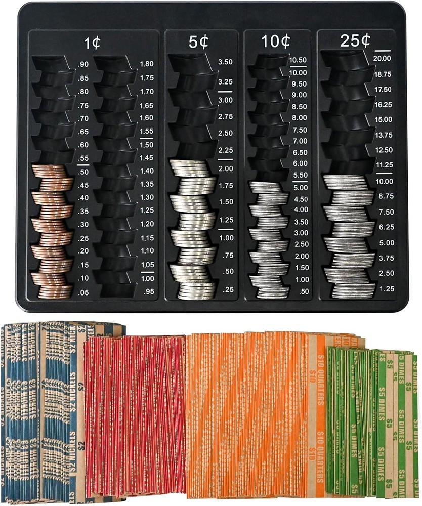 Black Coin Counting & Sorting Tray with 150 Coin Wrappers, 5 Compartments