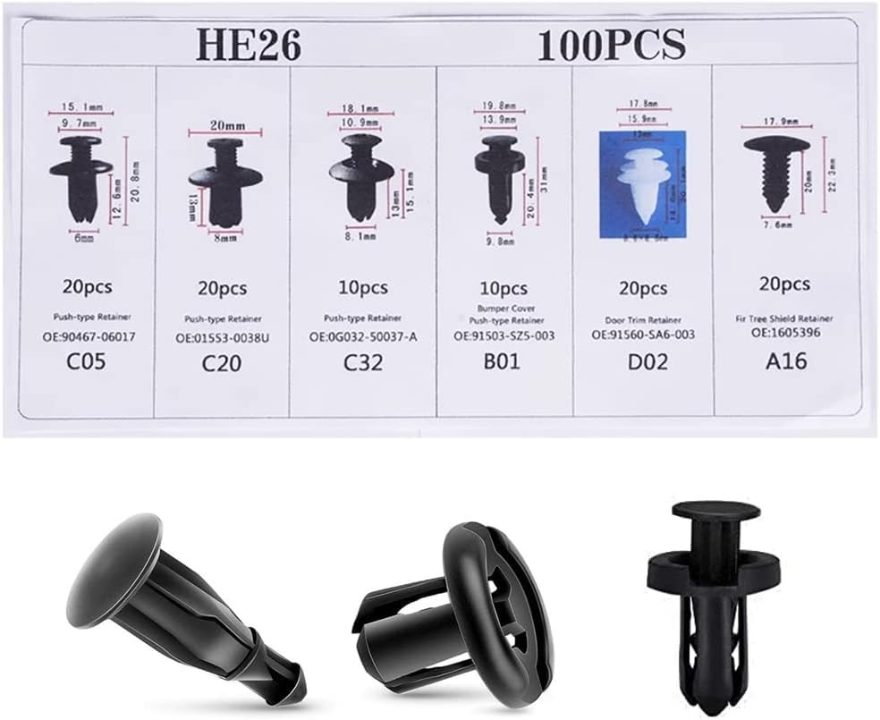 deemars 100PCS Car Clips, Plastic Rivets, 6 Popular One Size, BlackWhite