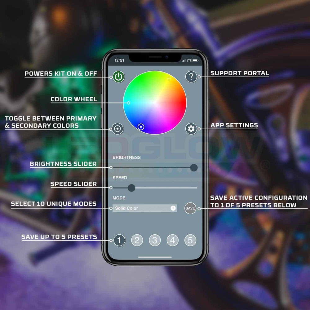 LEDGlow 12pc Bluetooth Million Color LED Motorcycle Light Kit w Smartphone App