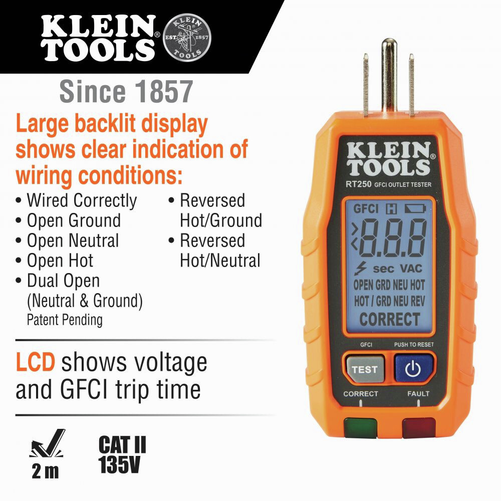 Klein Tools RT250 LCD Display GFCI Outlet Tester New