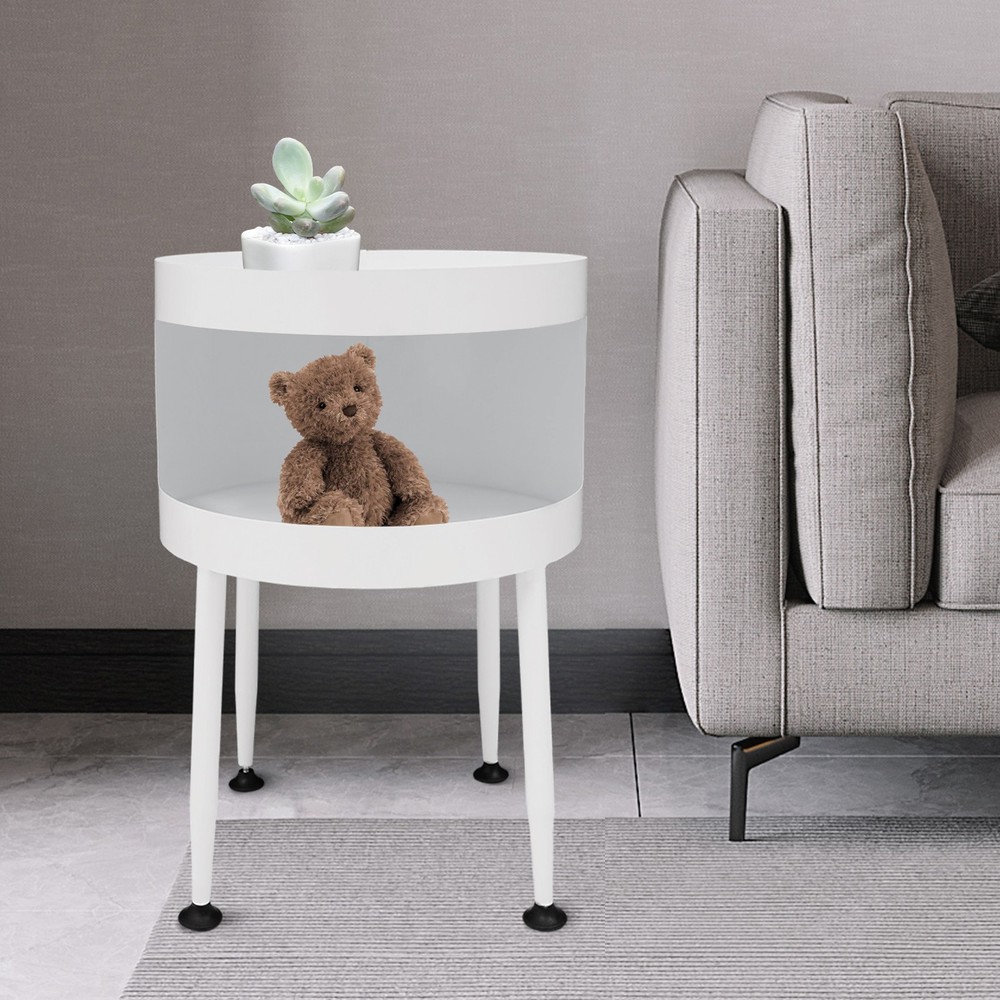 Round Table with Open Storage, Iron Bedside Table Modern Side Table 40x40x55cm