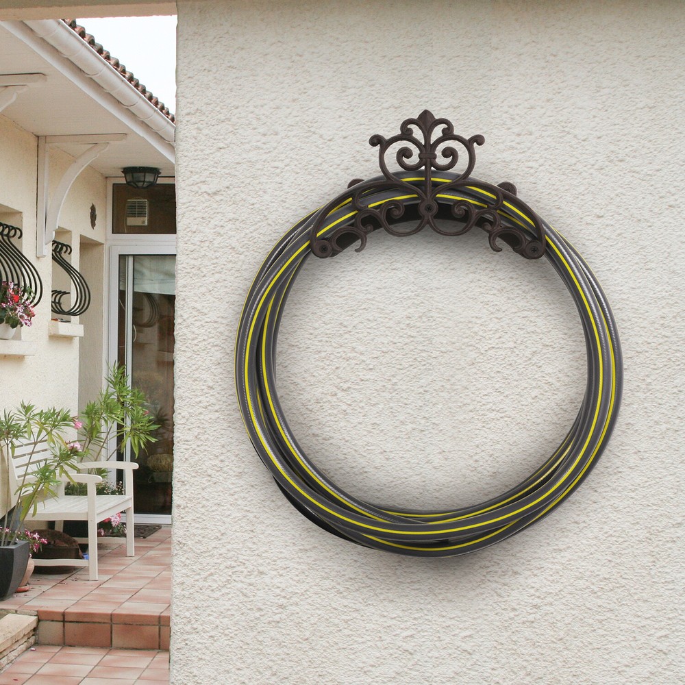 Wall Mounted Brown Cast Iron Scrollwork Garden Hose Holder Reel Storage Rack