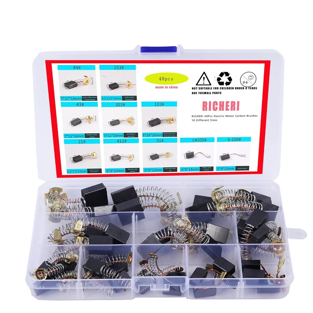 40Pcs Electric Motor Carbon Brushes 10 Different Sizes for Replacement 40PCS