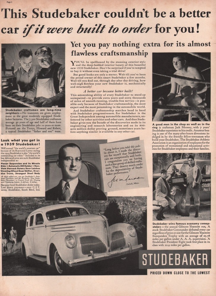 1939 Vintage Studebaker Built To Order Automobile Car Print Ad