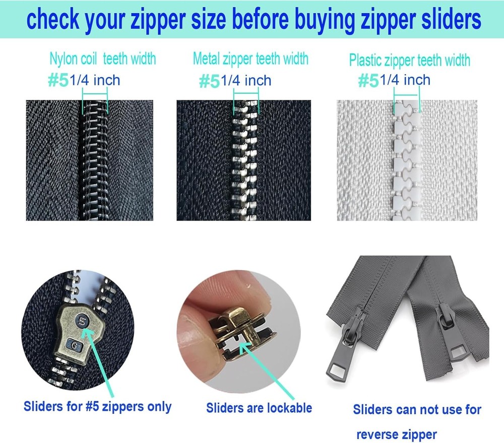 12 Pcs Zipper Pull Replacement 5 Zippers Repair Kit Lockable Sliders, Bottom ...