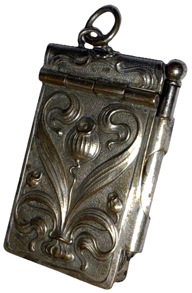 ANTIQUE VICTORIAN SILVER TONE REPOUSSÉ THISTLE CHATELAINE NOTE PAD PENCIL PAPER